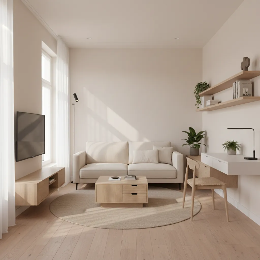 Espacio multifuncional en casa pequeña con escritorio y sala de estar