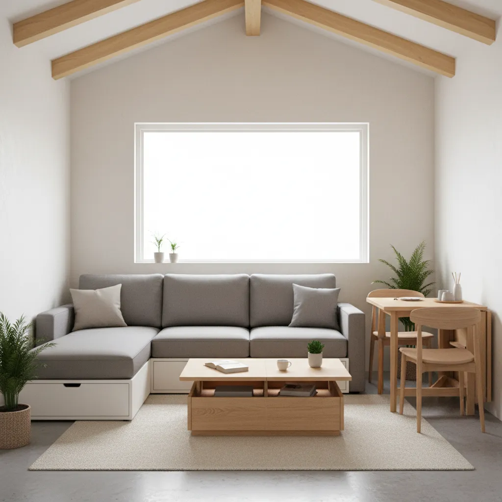 Tiny house living area with storage sofa lift table and hidden compartments