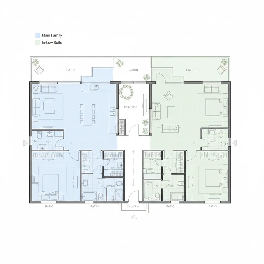 house floor plan showing multigenerational living zones