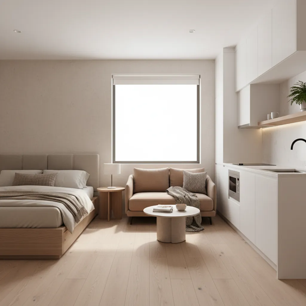 modern home interior showing separate in law suite bedroom and small living space
