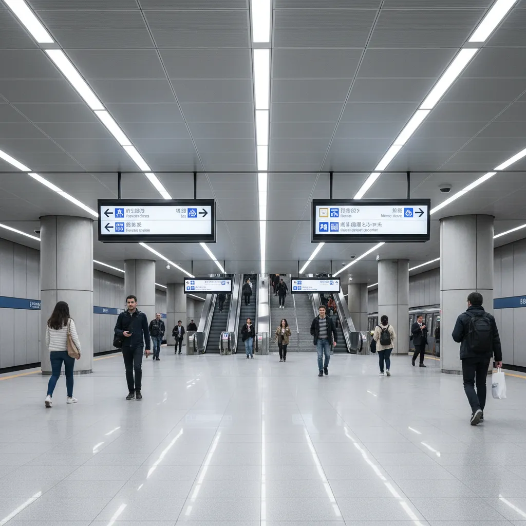 Public transit station with multilingual signage showing linguistic diversity