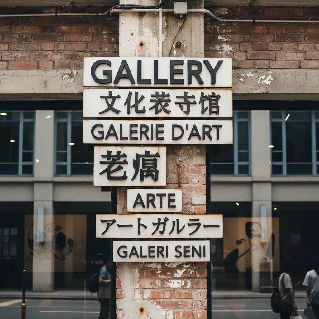 Close view of multilingual shop sign showing different font sizes and language hierarchy