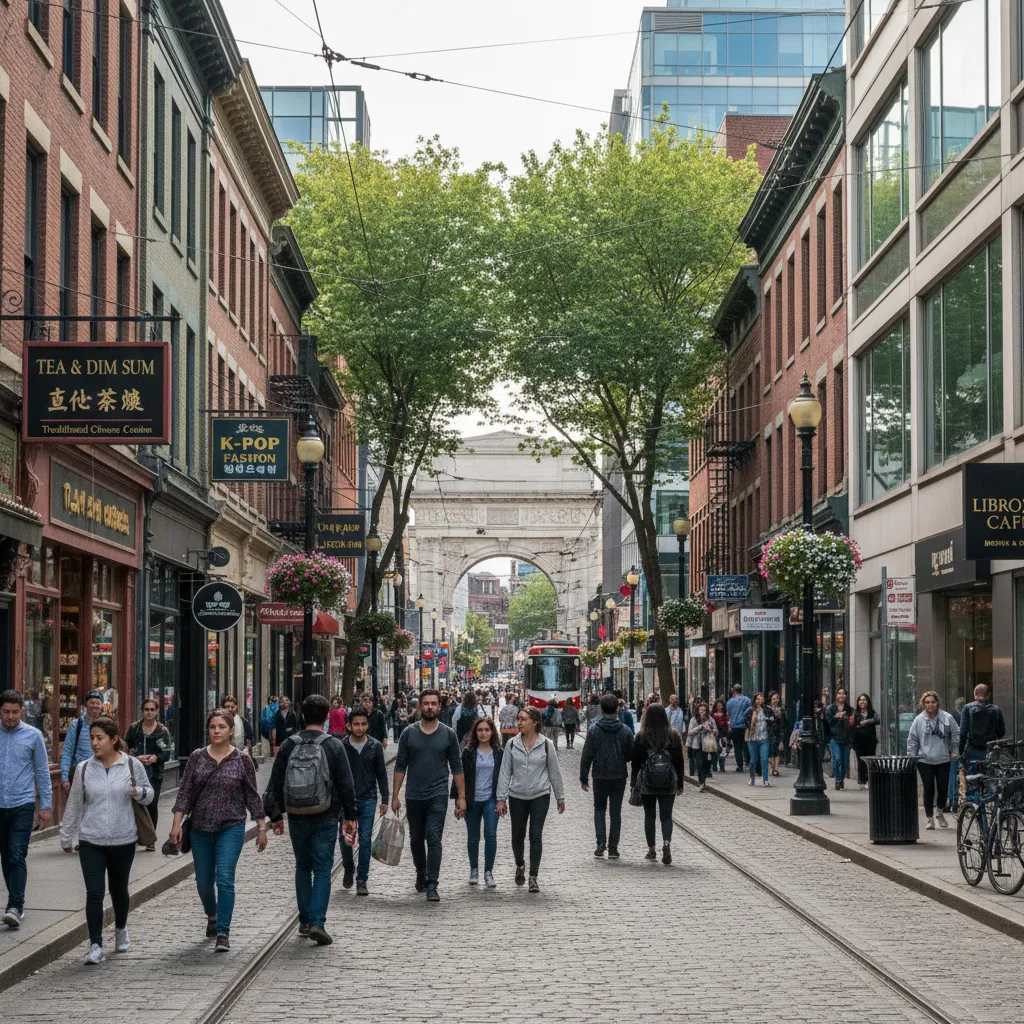 street with multiple languages on storefront signs representing linguistic landscape