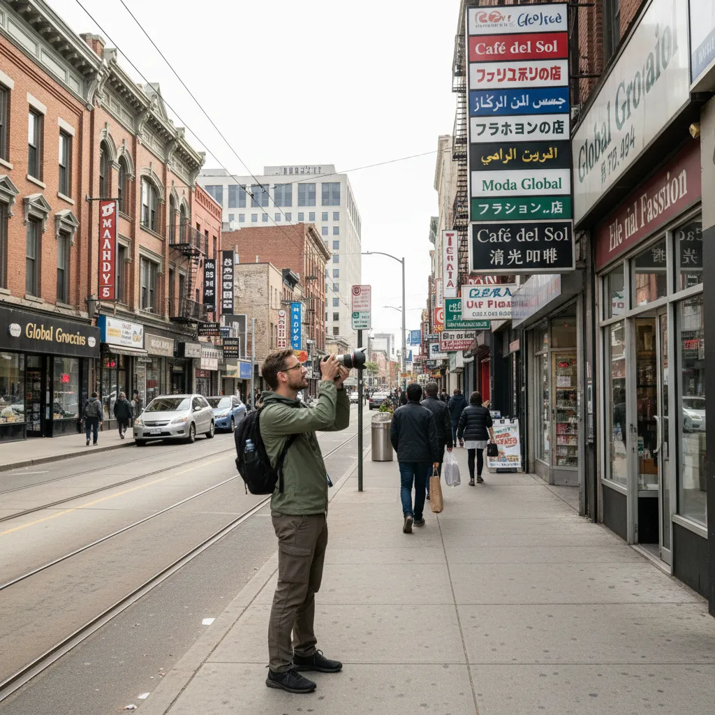 Researcher photographing multilingual street signs in a dense urban commercial district