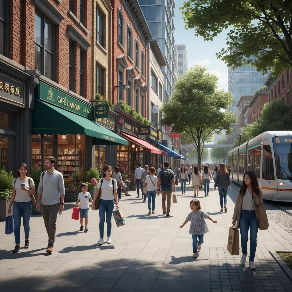 urban street with storefront signs in multiple languages representing linguistic landscape