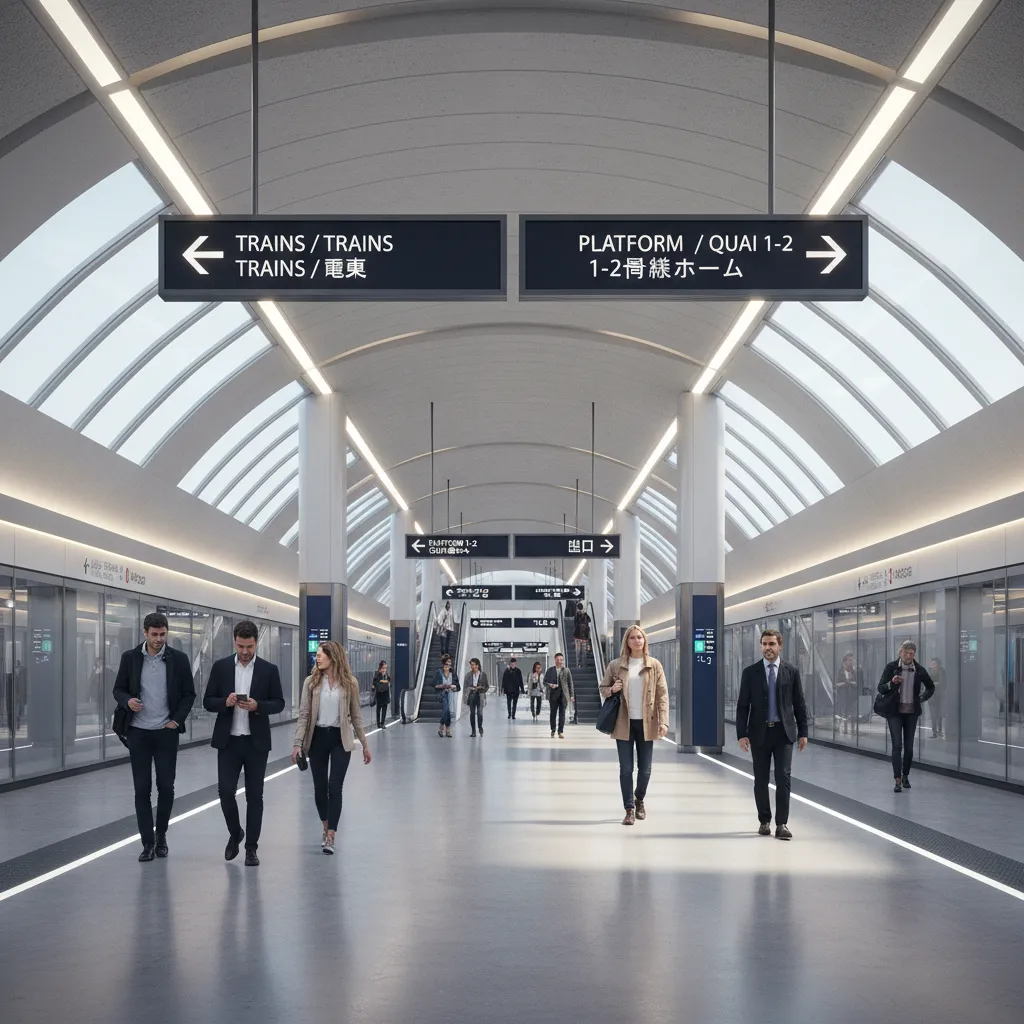 modern urban transit station with multilingual navigation signs