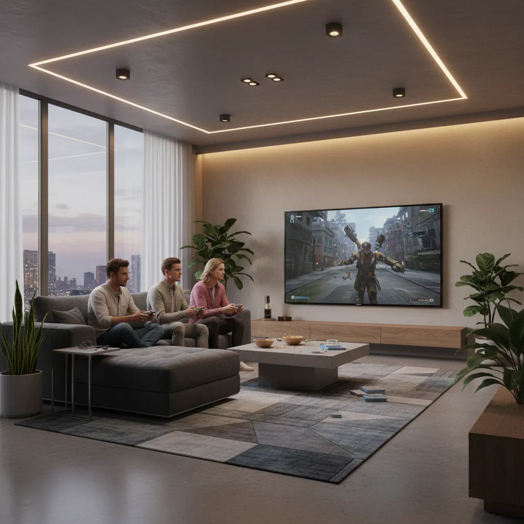 Friends playing multiplayer online game on TV in living room