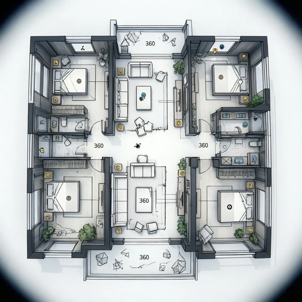 diagram showing multiple 360 scan points across a floor plan layout