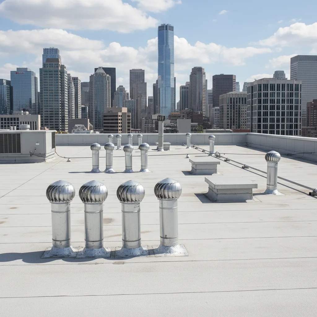 commercial building roof with multiple plumbing vent stacks