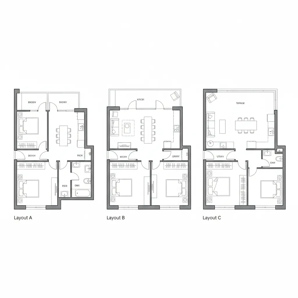 three alternative floor plan layout options displayed side by side for comparison