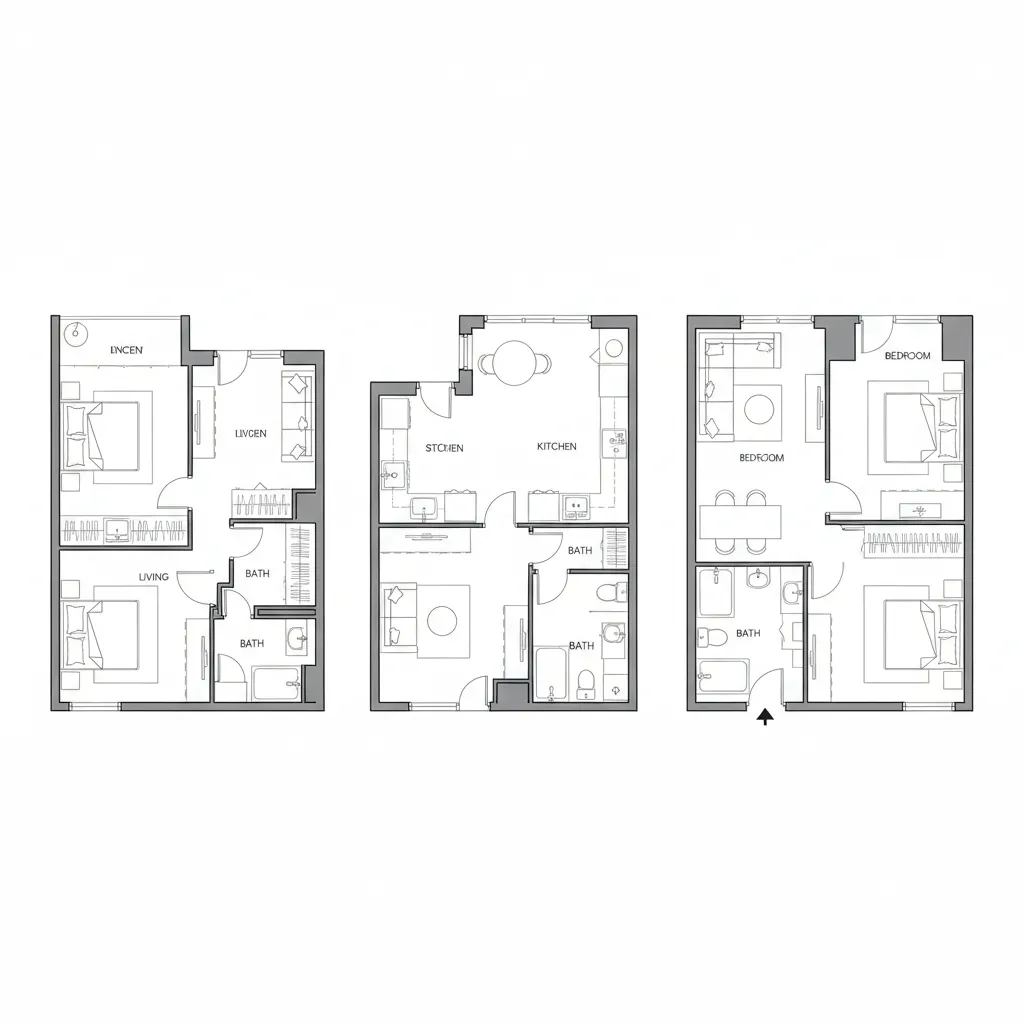 Several 2D floor plan layout variations displayed side by side for comparison