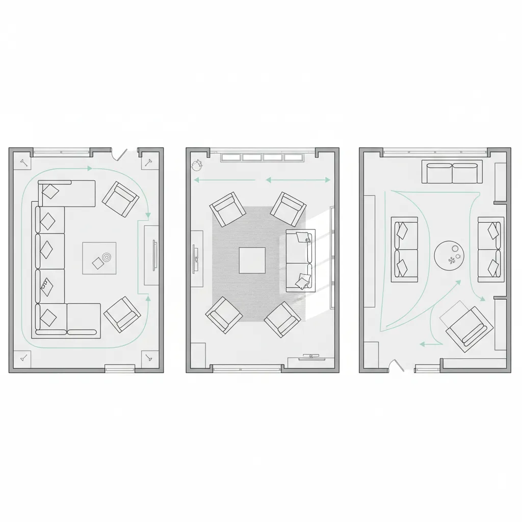 three different living room furniture layout options comparison