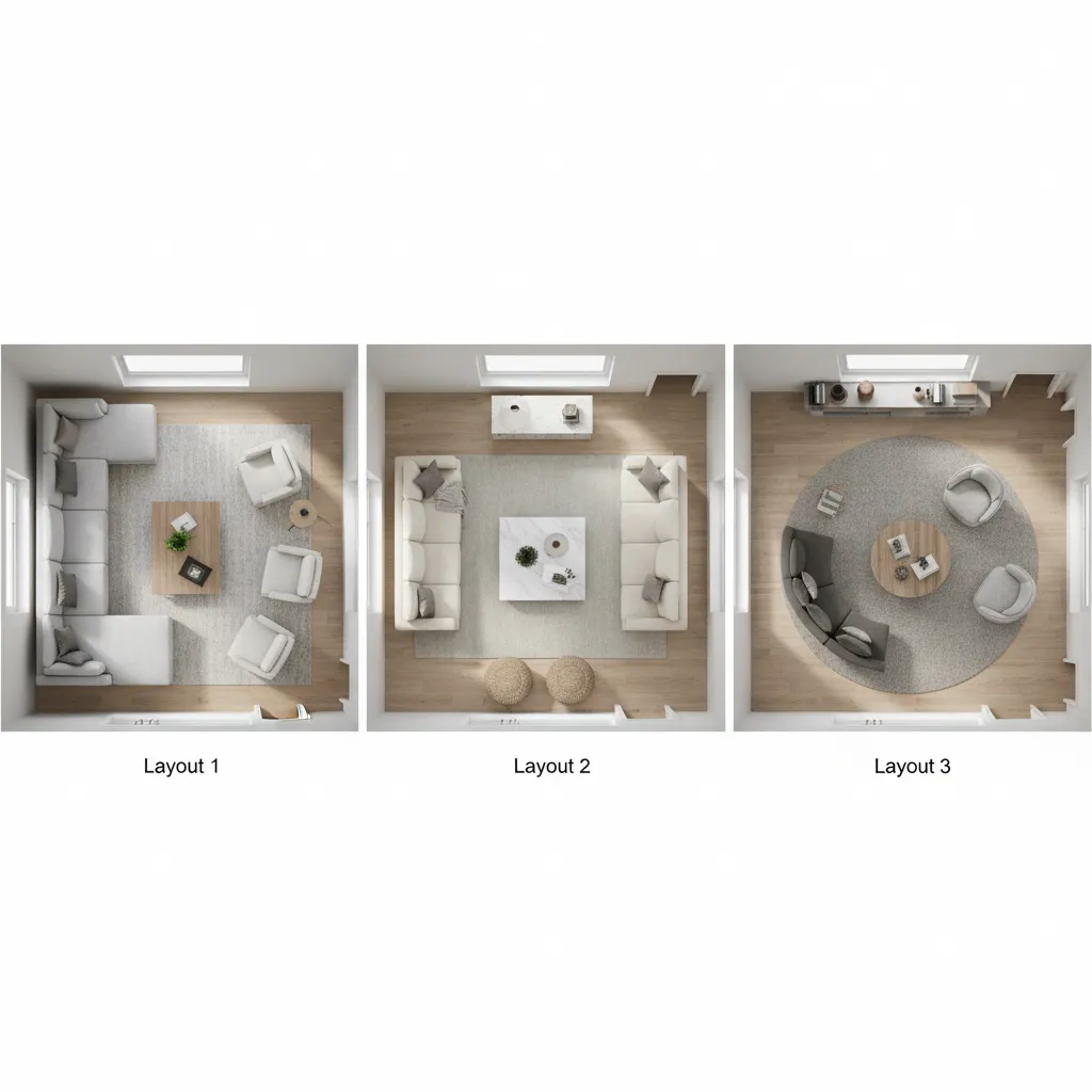 Three different living room furniture layout variations in a digital floor plan