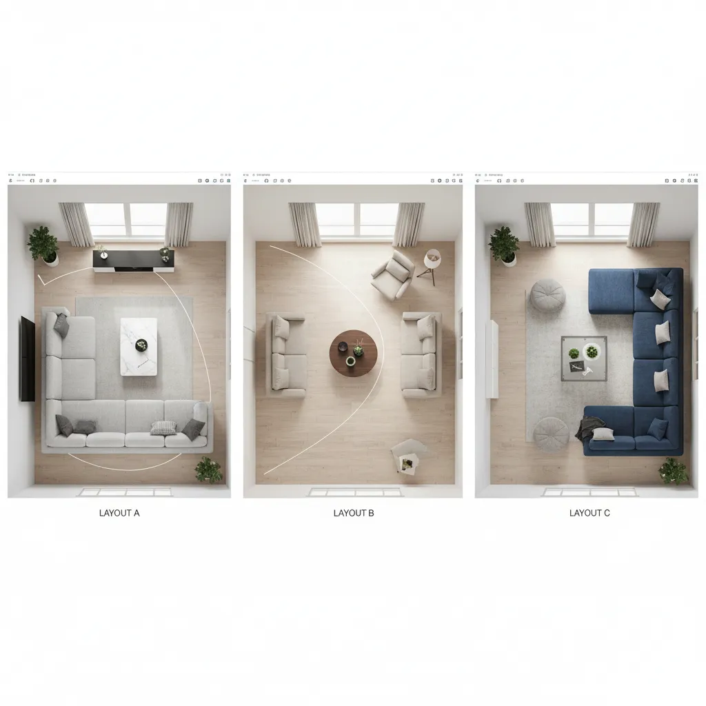 Comparison of several living room furniture layout variations in a planning app
