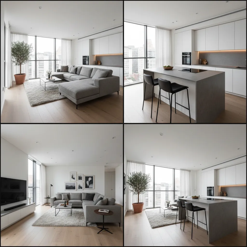 Architectural visualization showing multiple camera views of an interior room