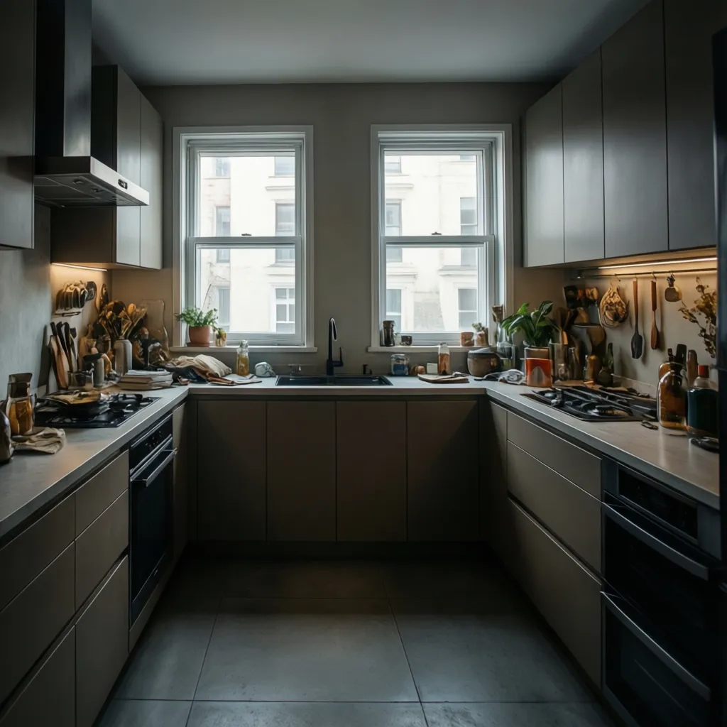 kitchen wall with two medium windows distributing natural light