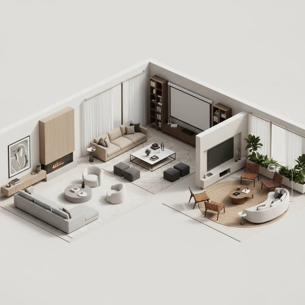 Interior design drawing showing three different living room layout options with sofas and coffee tables