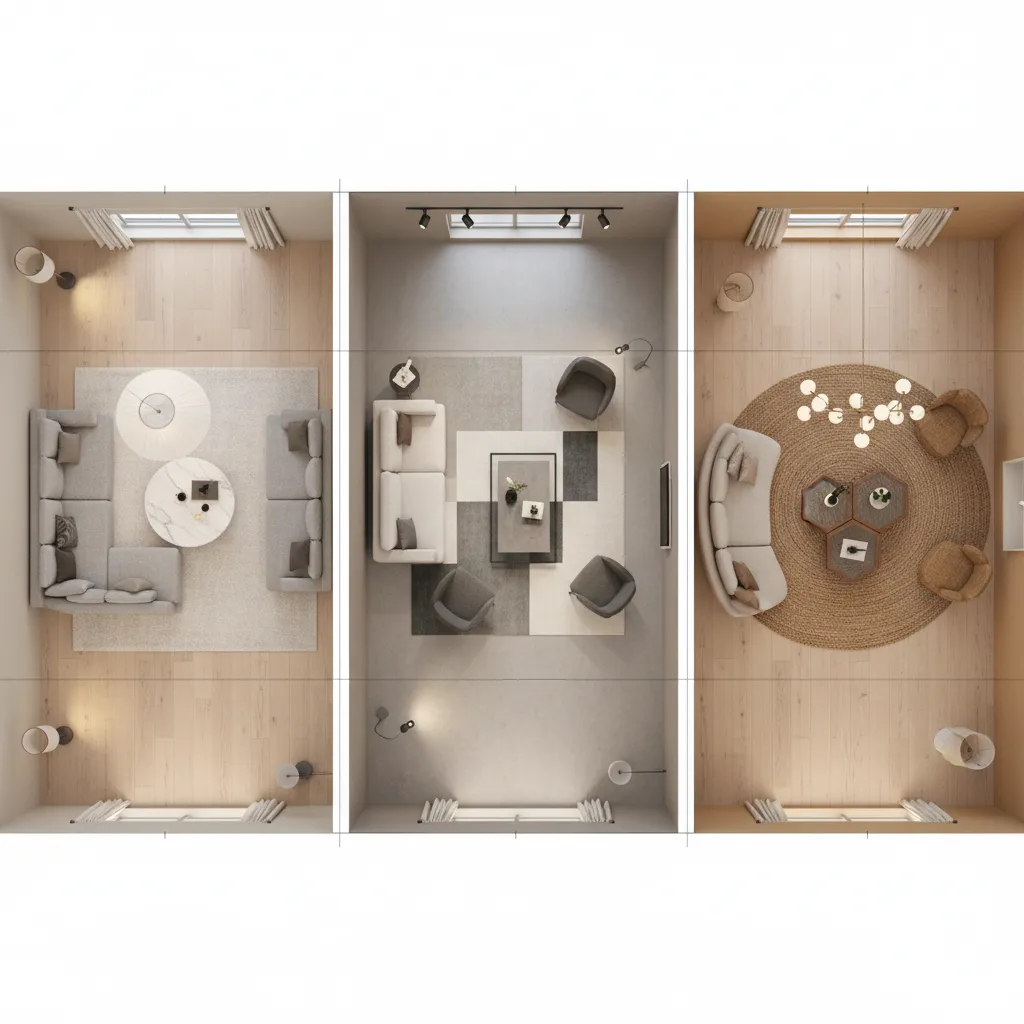 Comparison of several living room furniture layout options created in design software