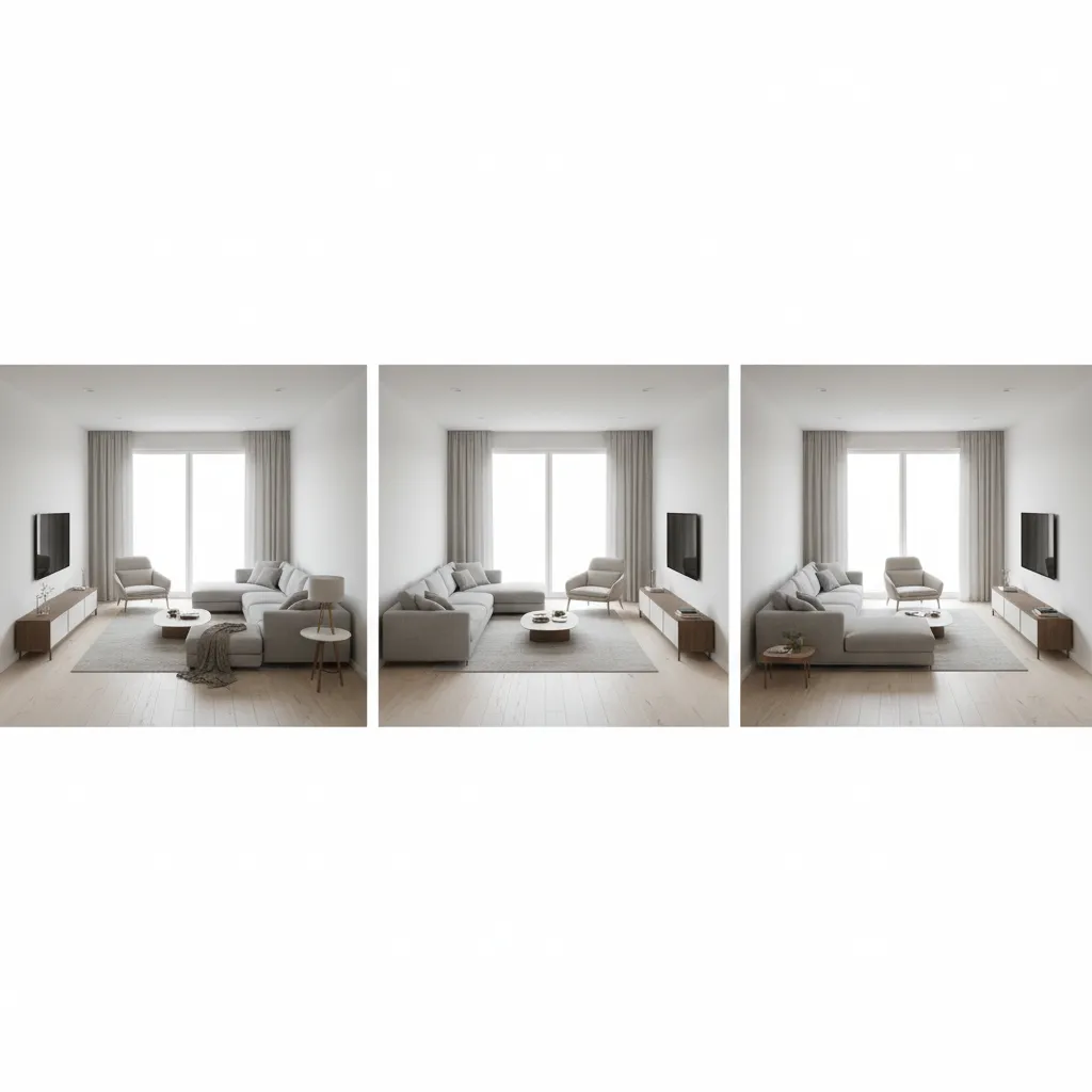 Several living room layout variations with different sofa and TV placements