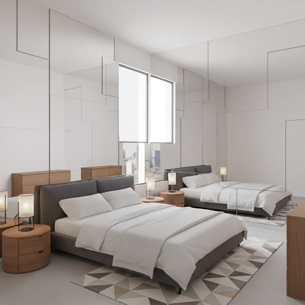 Small room interior with several mirrors showing overlapping reflections