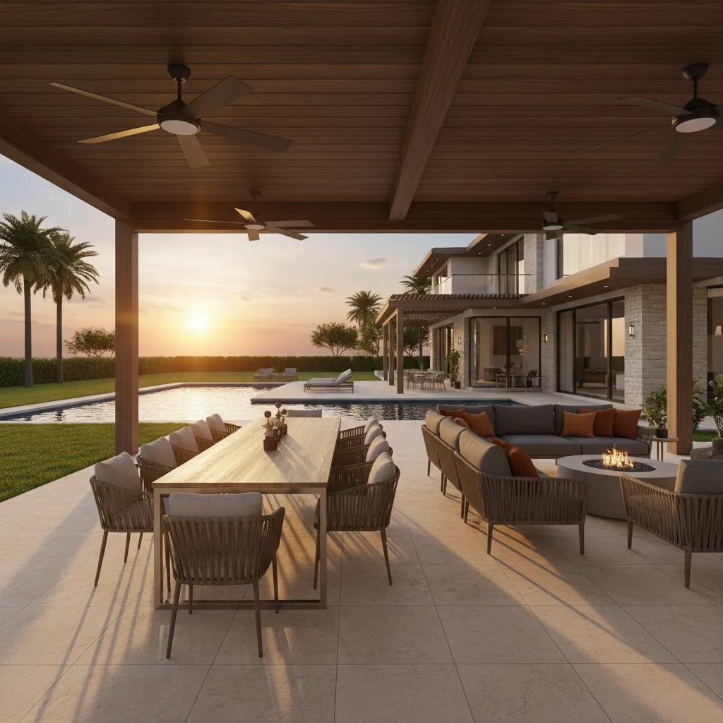 Large patio with three outdoor ceiling fans providing airflow coverage