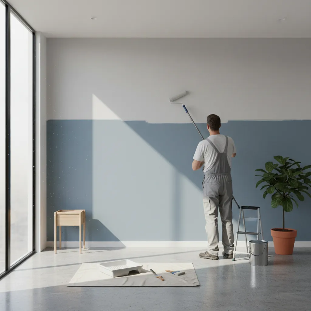 painting wall with roller showing primer and color coat layers