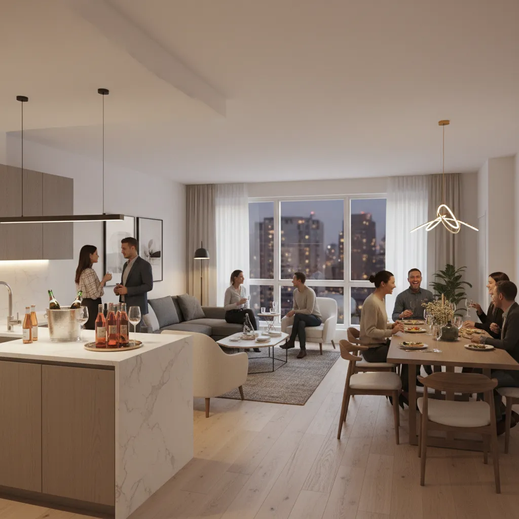 Small apartment party layout showing kitchen drink area living room conversation area and dining seating