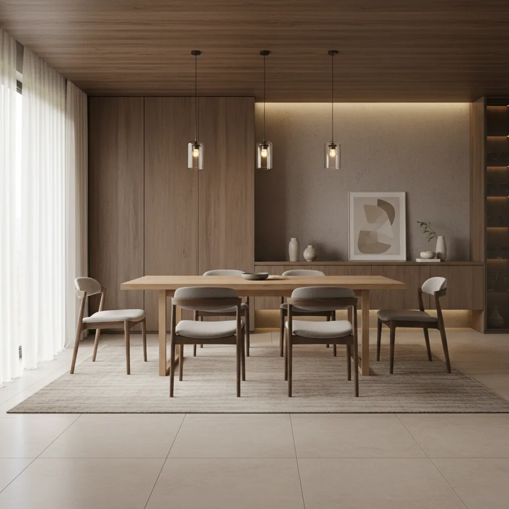 three small pendant lights evenly spaced over rectangular dining table