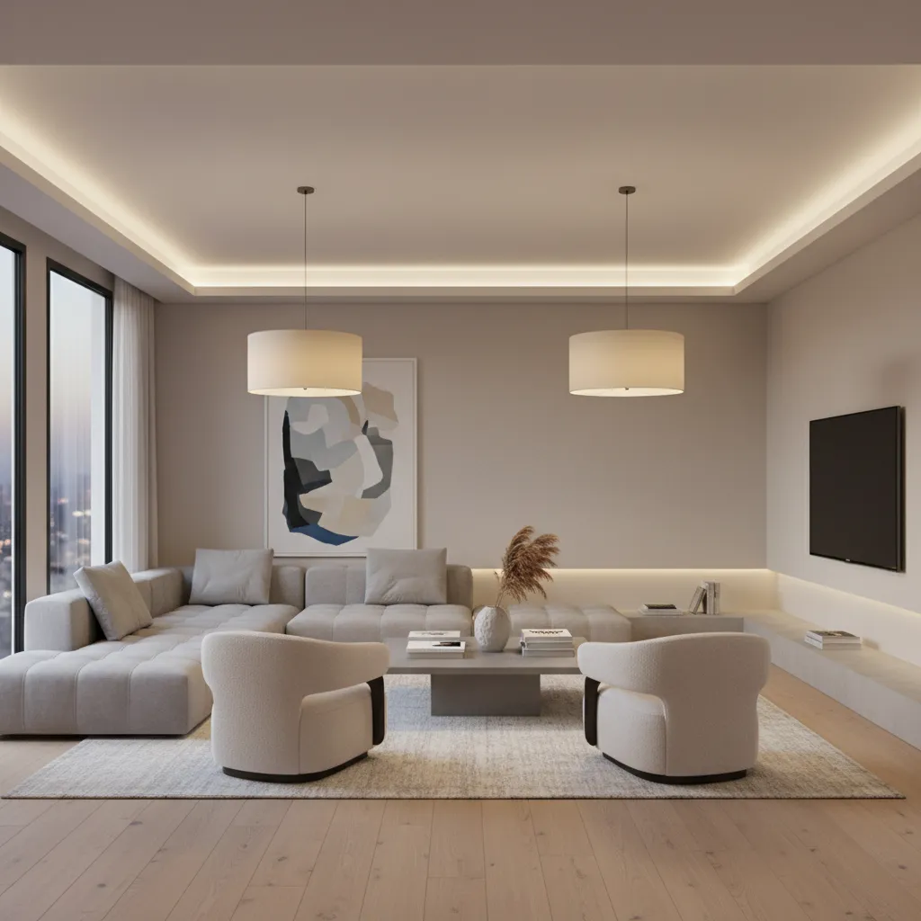 Living room using two plug in ceiling lights for layered lighting