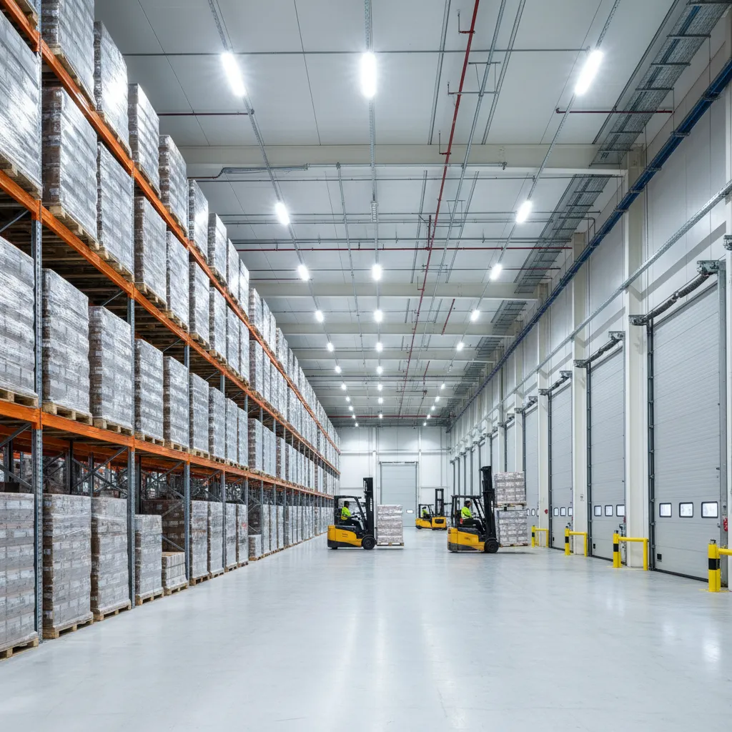Warehouse interior showing multiple roll-up doors aligned with storage aisles