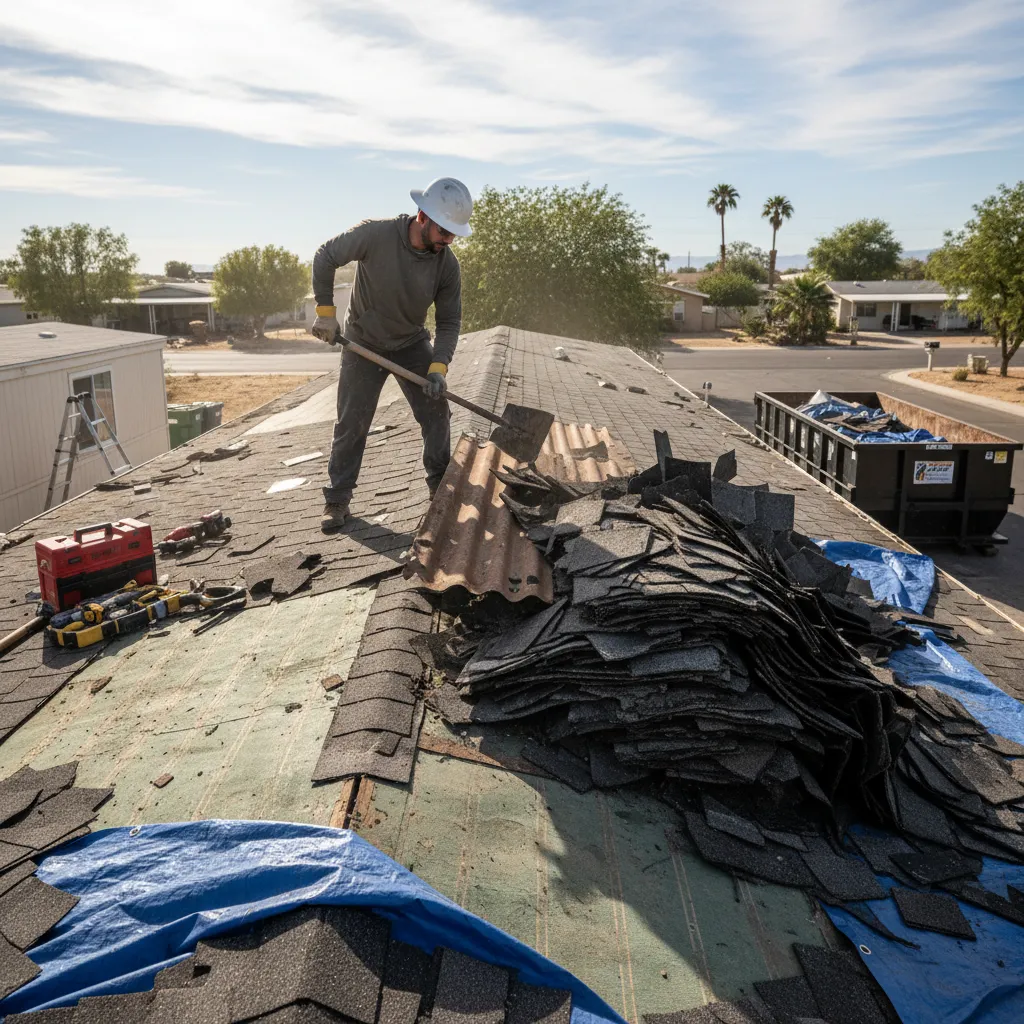 contractor removing multiple roofing layers from mobile home roof