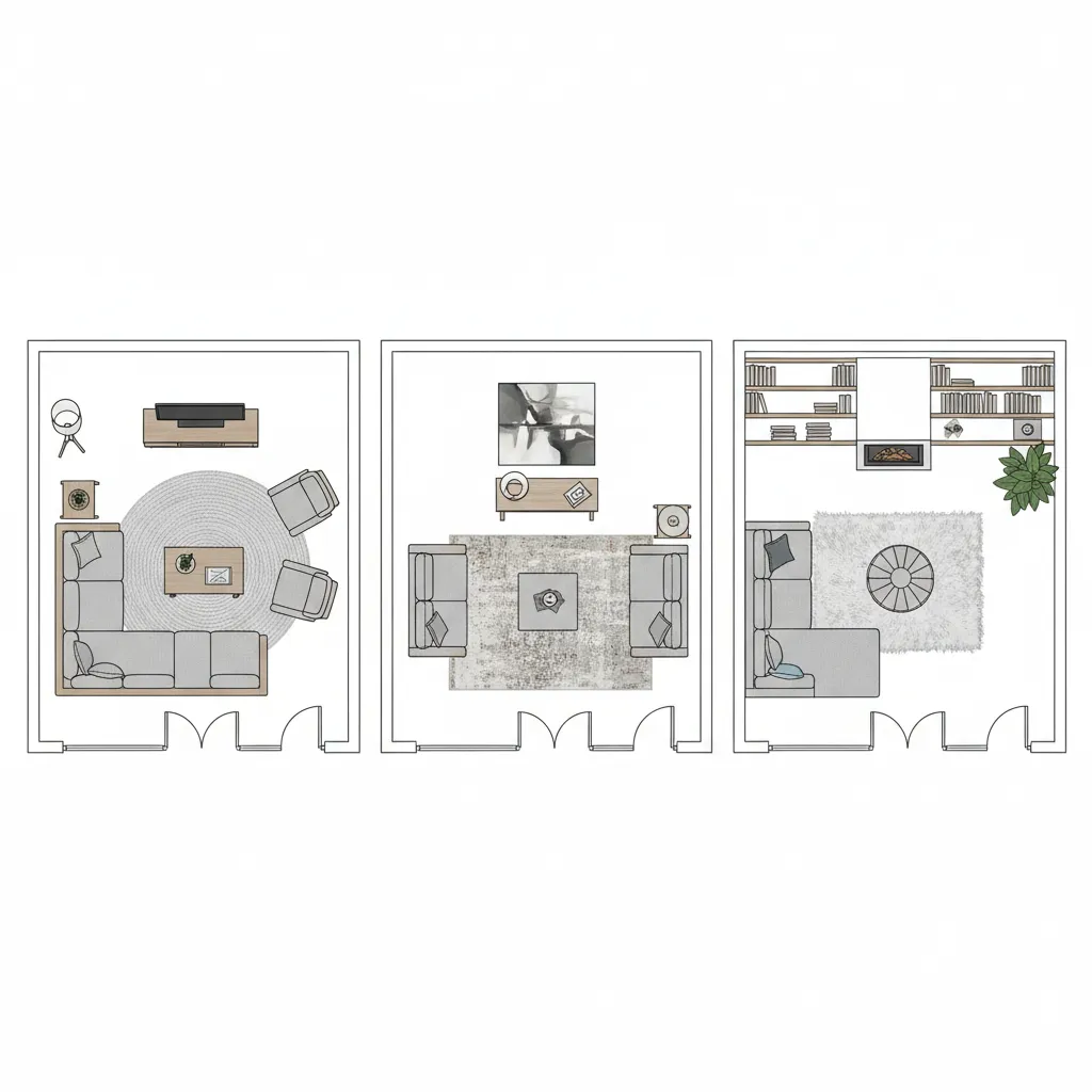 Three different living room layout options shown in floor plan view