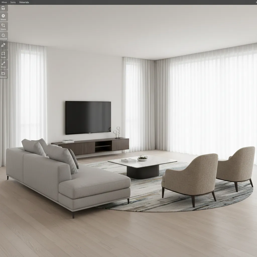 multiple digital living room layout variations displayed side by side