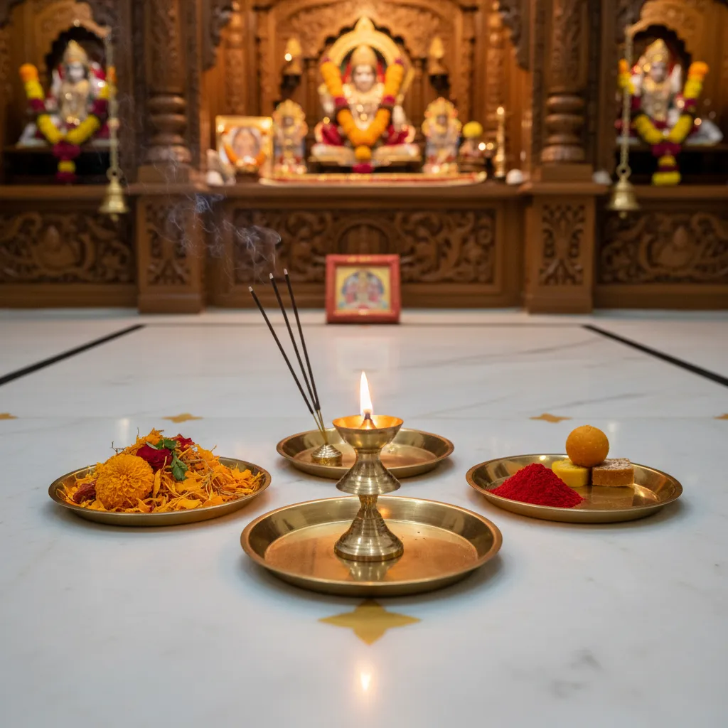 five small brass plates arranged with different pooja items
