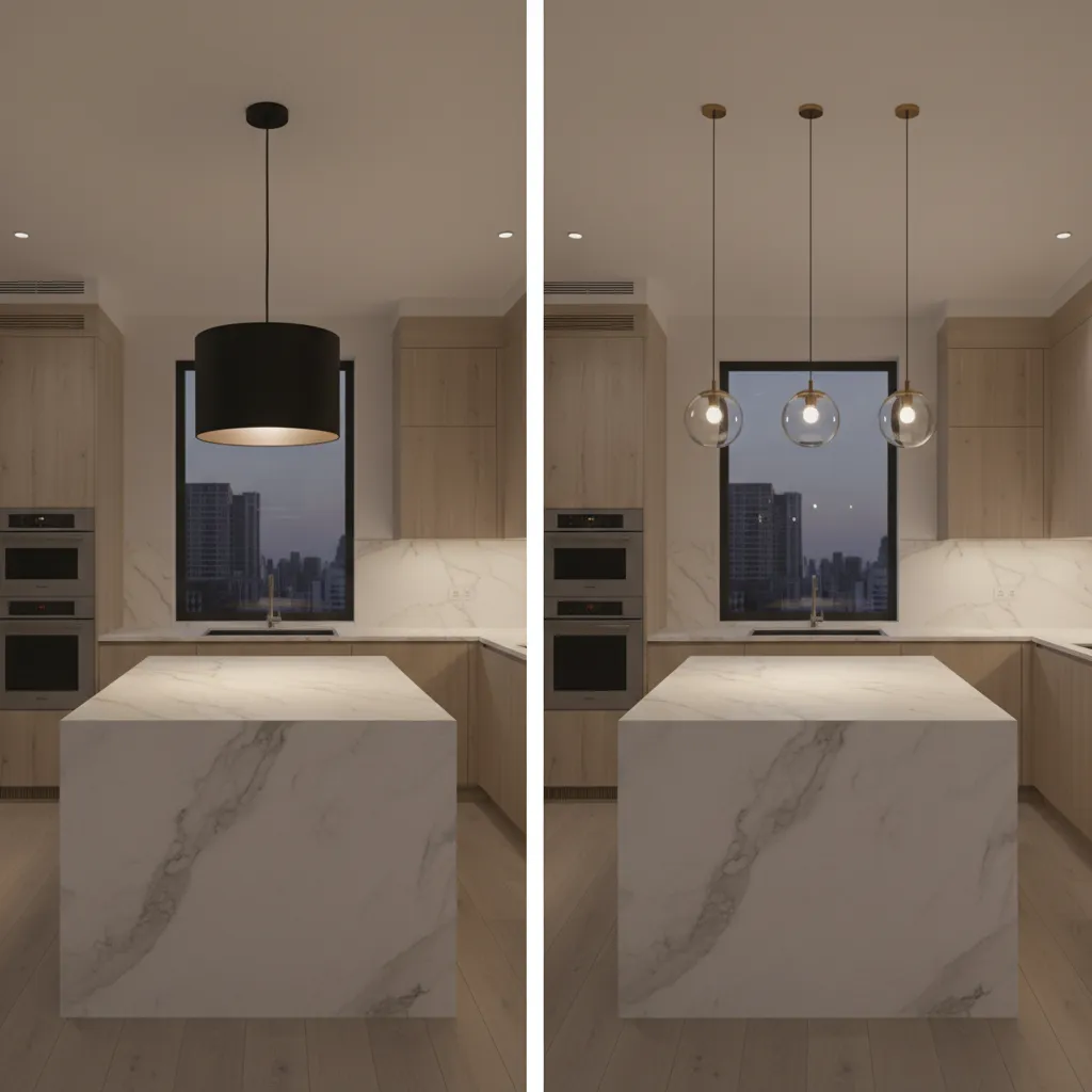 comparison of single large pendant vs three smaller pendants over kitchen island