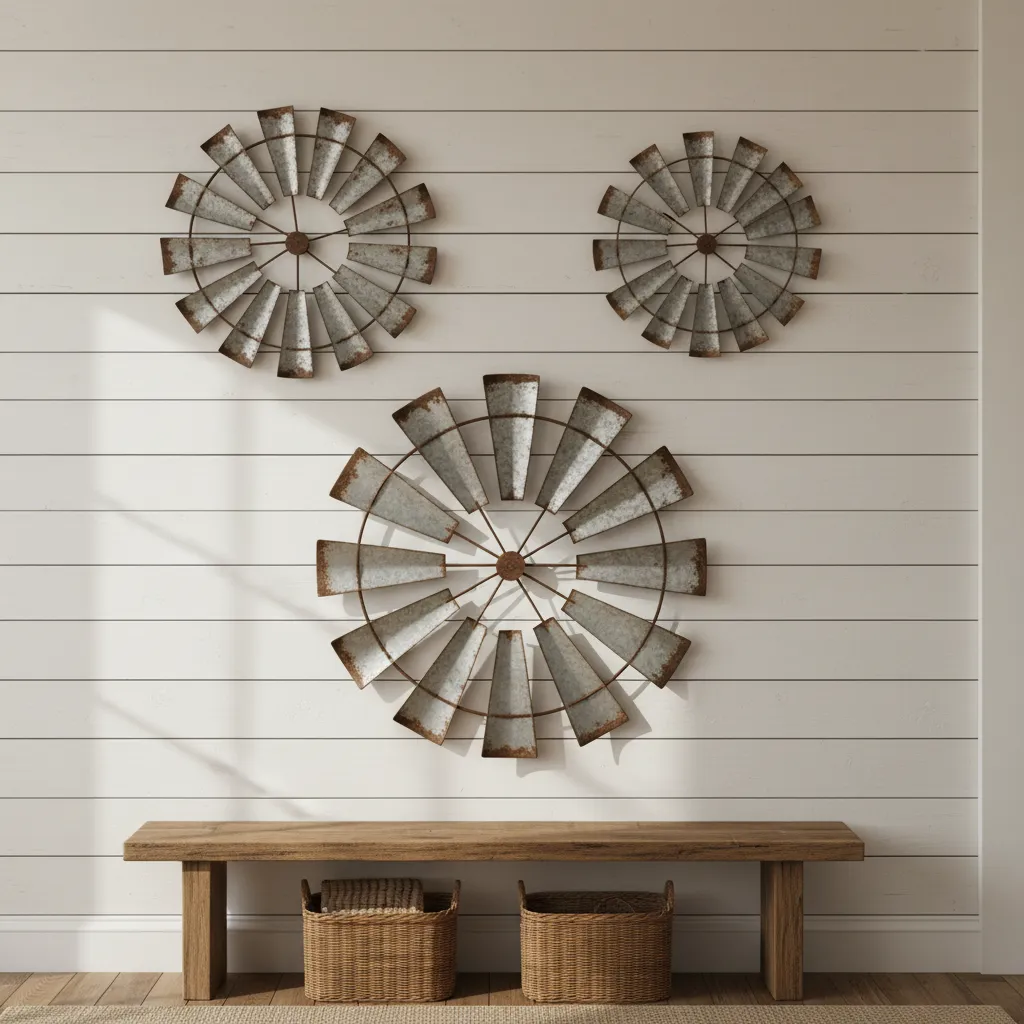 Three metal windmill wall decor pieces arranged on white wall above wooden bench with baskets