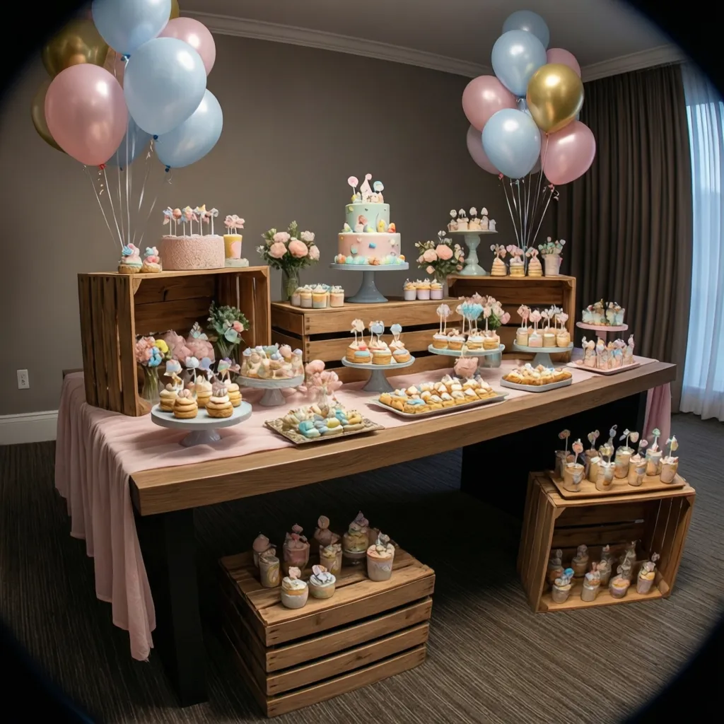 baby shower decorations reused as dessert table and gift display