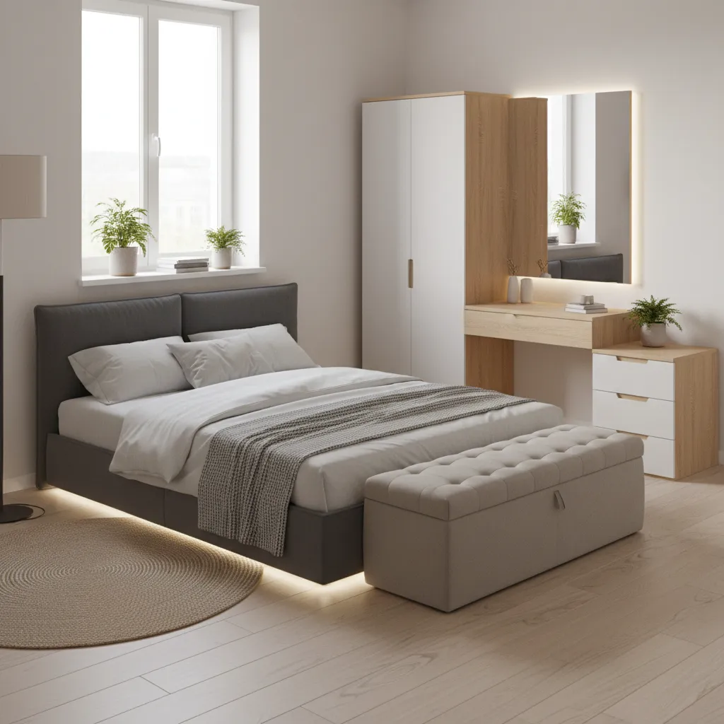 Multipurpose bedroom furniture including storage bench and desk dresser combo