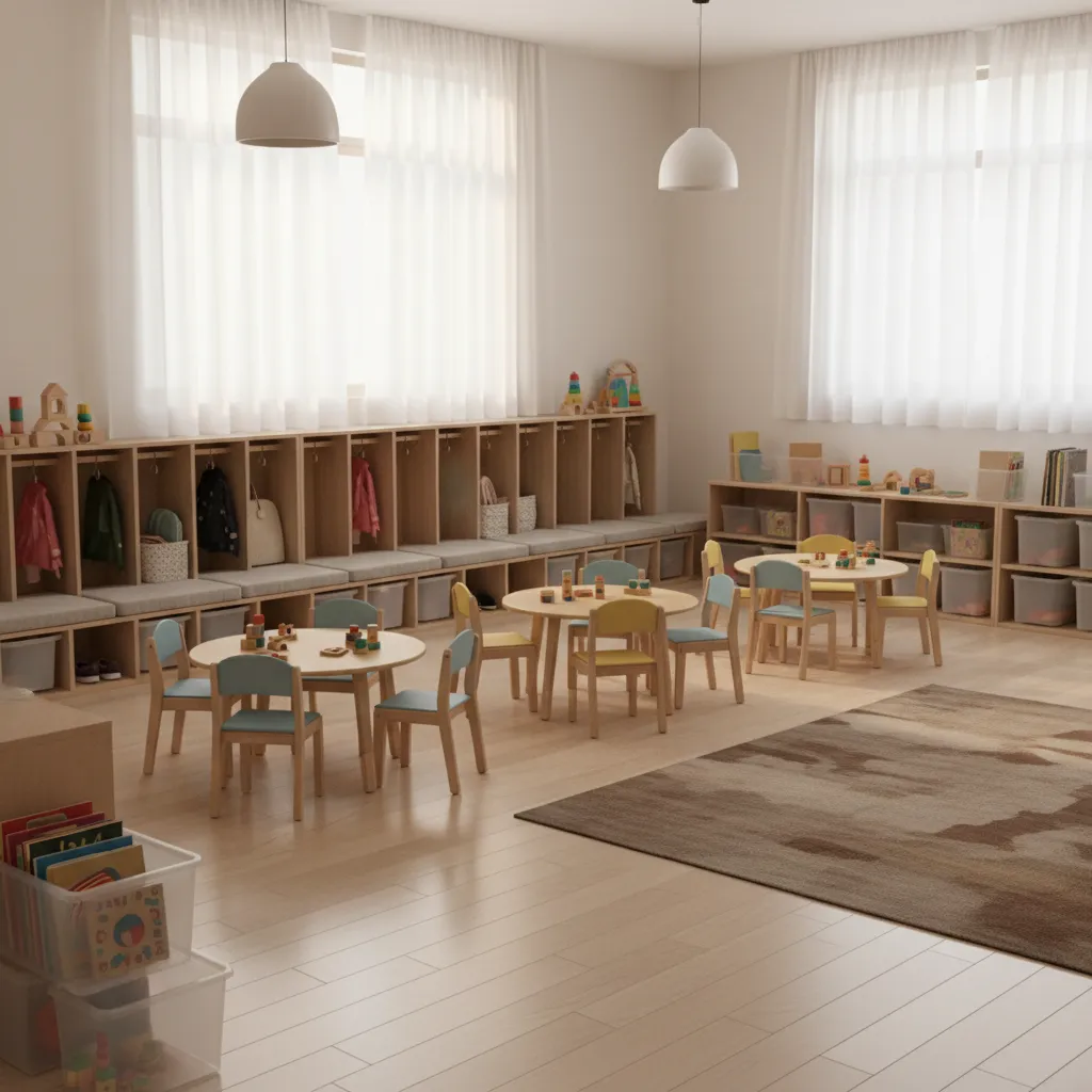 daycare classroom with storage benches and multipurpose furniture saving space