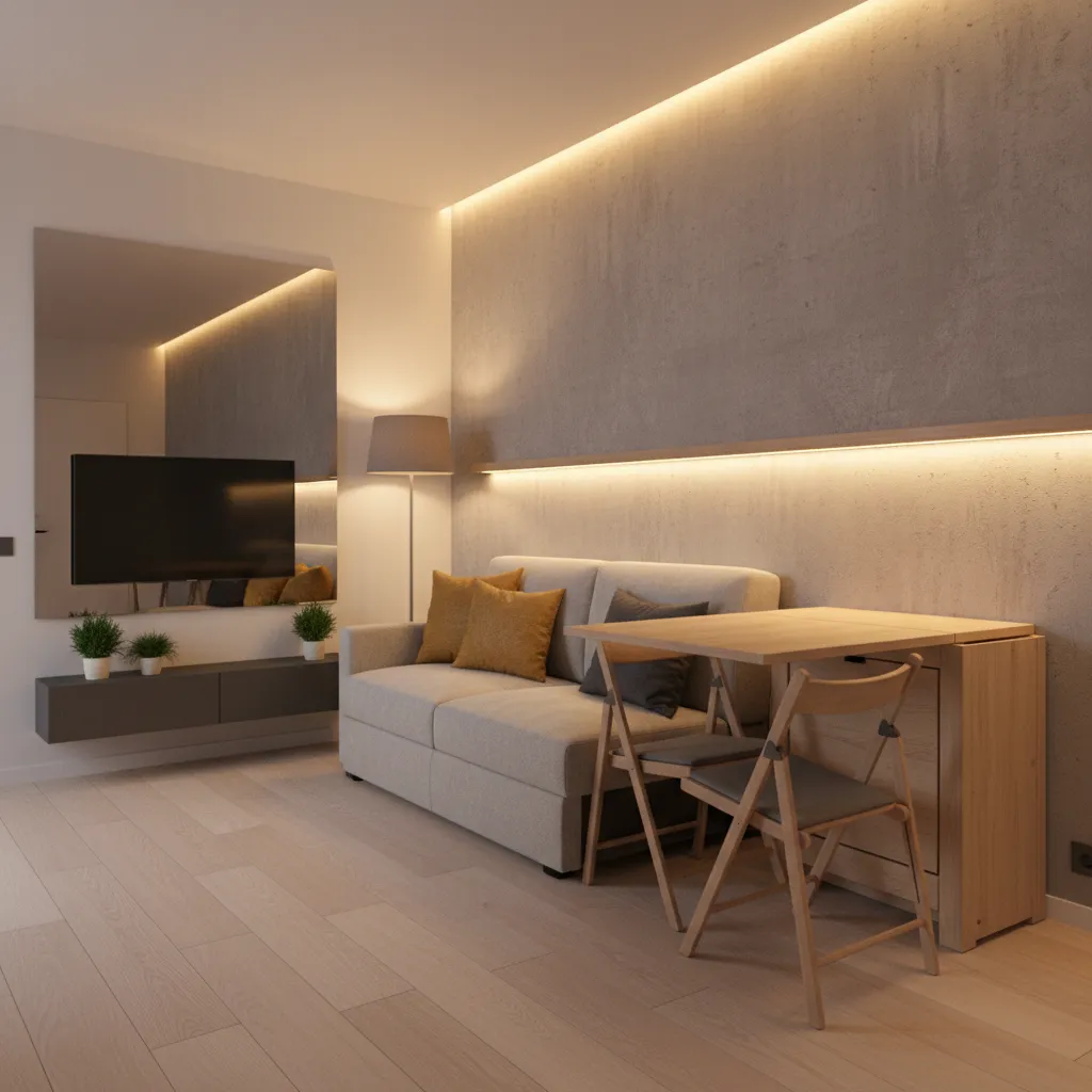 Multipurpose furniture like sofa bed and foldable table in compact apartment
