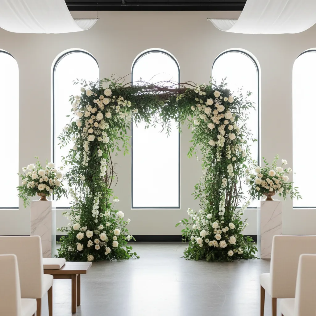 Wedding ceremony arch reused as photo backdrop