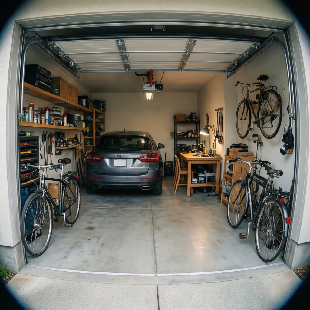 Organized garage interior with grey car wooden workbench shelves hanging bicycles and smooth concrete floor