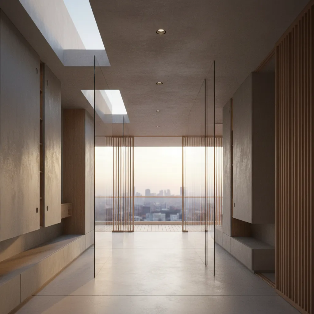 Modern interior corridor with wooden wall panels glass partitions and a large window overlooking the city