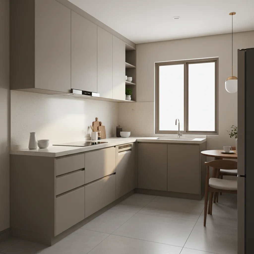 Compact modern kitchen inside a Mumbai apartment with efficient layout