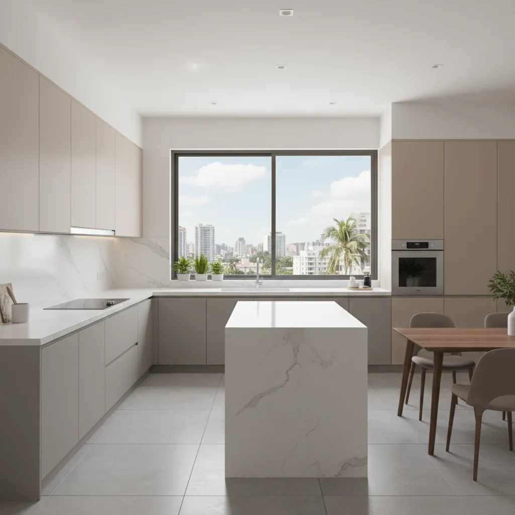 Modern modular kitchen inside a Mumbai apartment with clean cabinetry and natural lighting