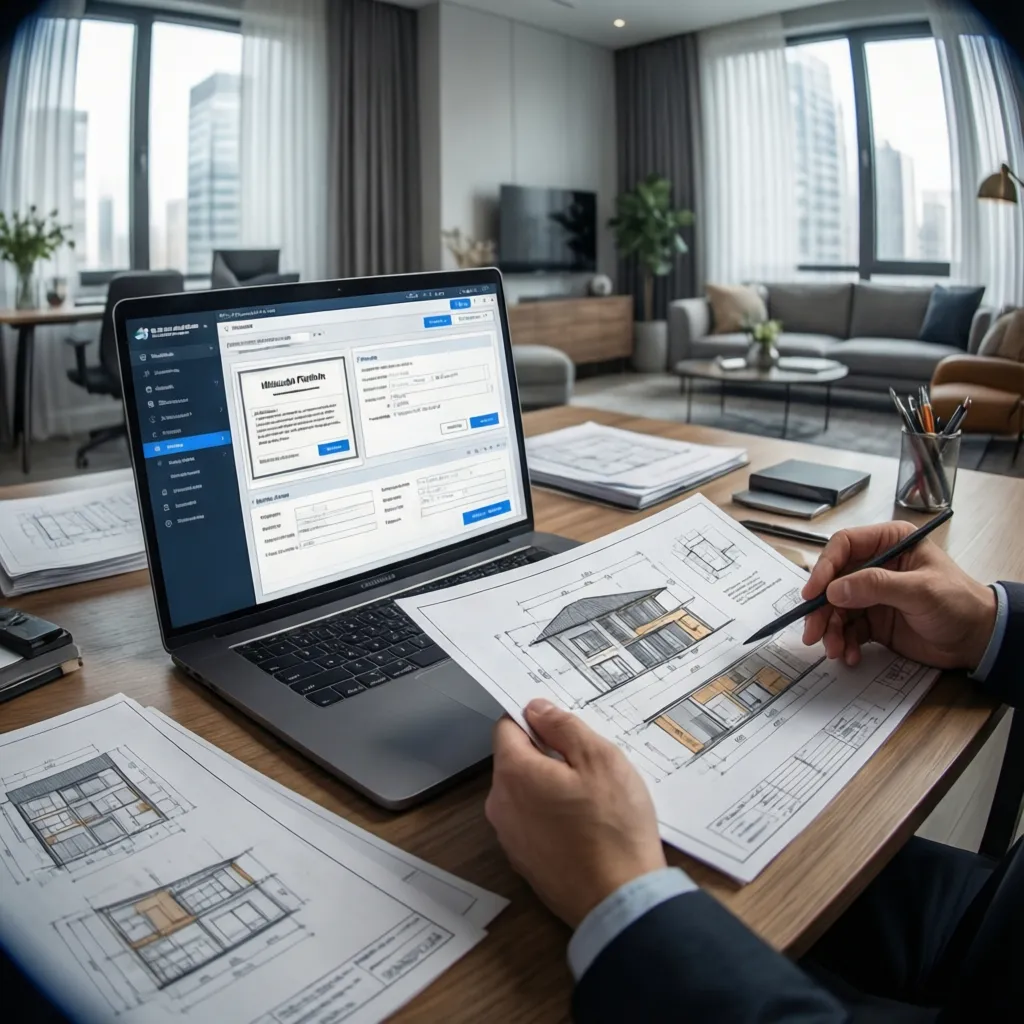 Planner searching municipal permit database on laptop with building plans nearby