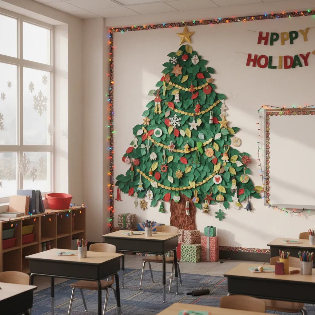 Mural de árbol de Navidad hecho con papel y decoraciones creadas por estudiantes en la pared del aula