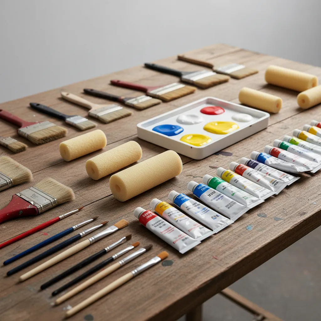 different brushes and foam rollers used for wall mural painting