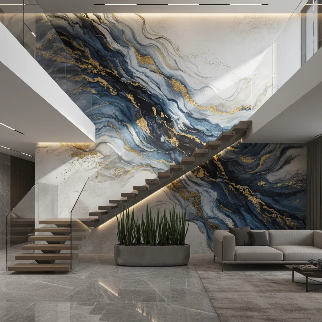Living room featuring large blue gold wall art wooden stairs glass railing and grey sofa