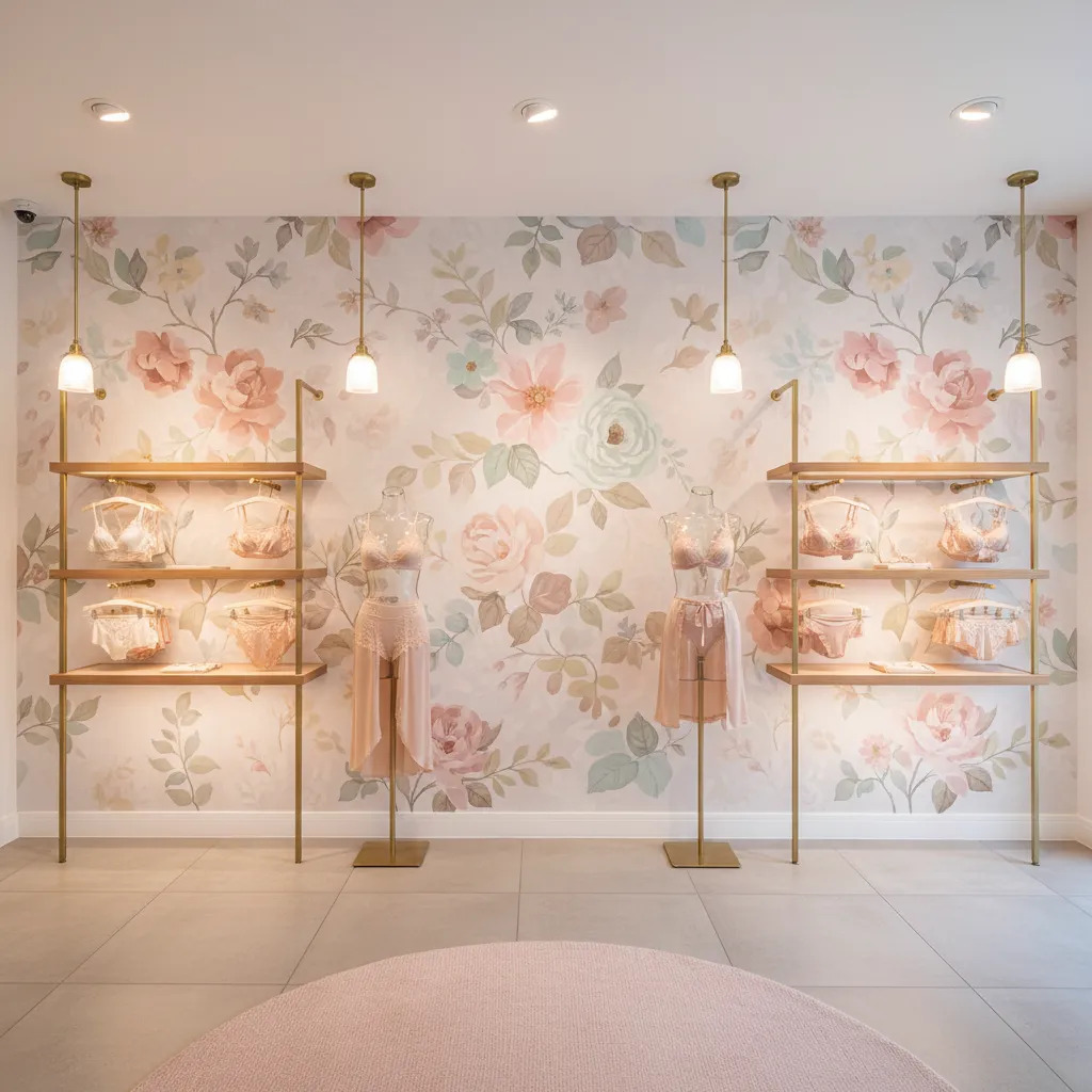 Mural floral pintado en la pared de una boutique de lencería